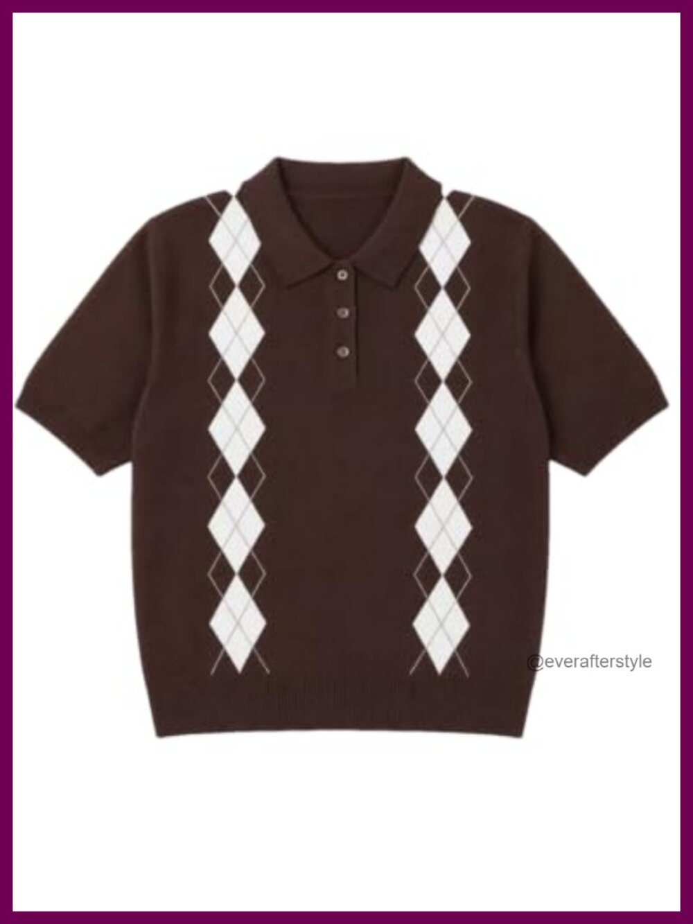 Knit Polo Sweater Short Sleeve Pullover Preppy Argyle